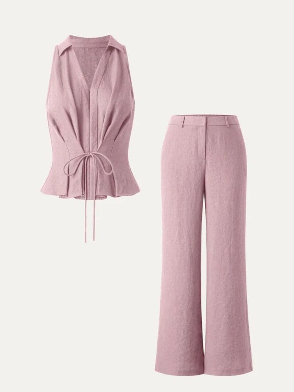 OGL 2Pcs Set Collared V-neck Sleeveless Top & Mid Rise Flared Pant with Pockets
